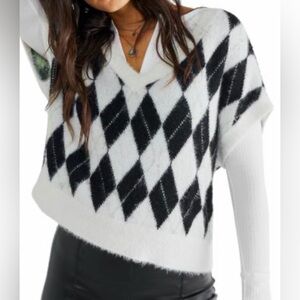 Free People “Through The Motion” Argyle V-Neck Sweater Vest XS oversized